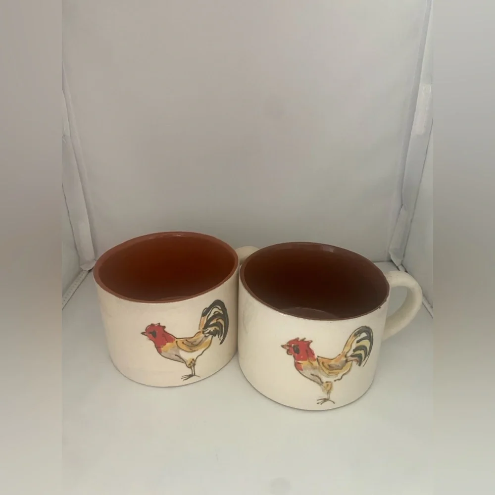 🐓 Crate & Barrel Rooster Mugs – Set of 2 Farmhouse Coffee Cups
